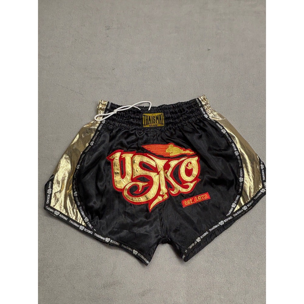 Thaismai USKO Muay Thai Boxing Shorts Black Gold Satin Large Made in Thailand